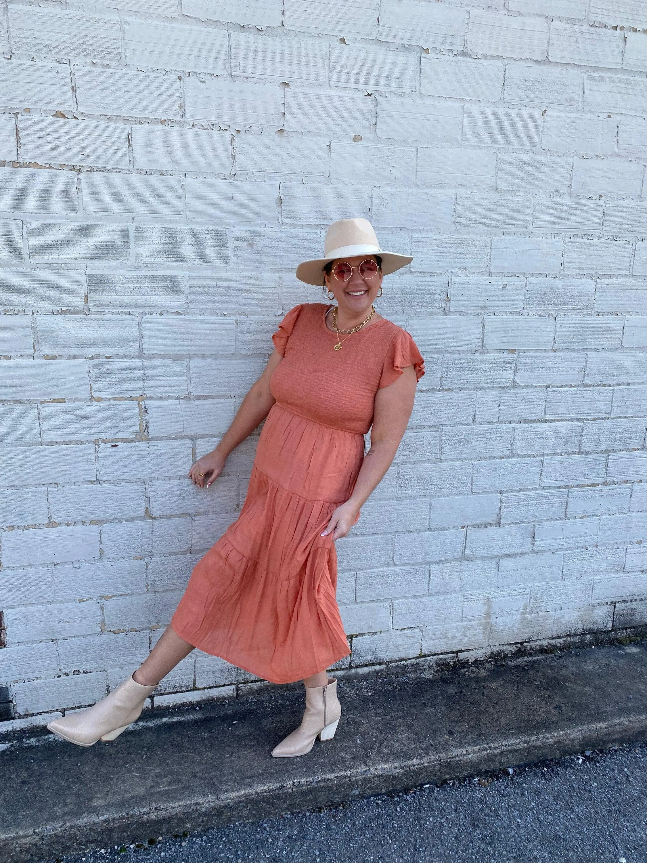 Curvy/ Plus Apricot Flutter Sleeve Smocked Tiered Midi Dress