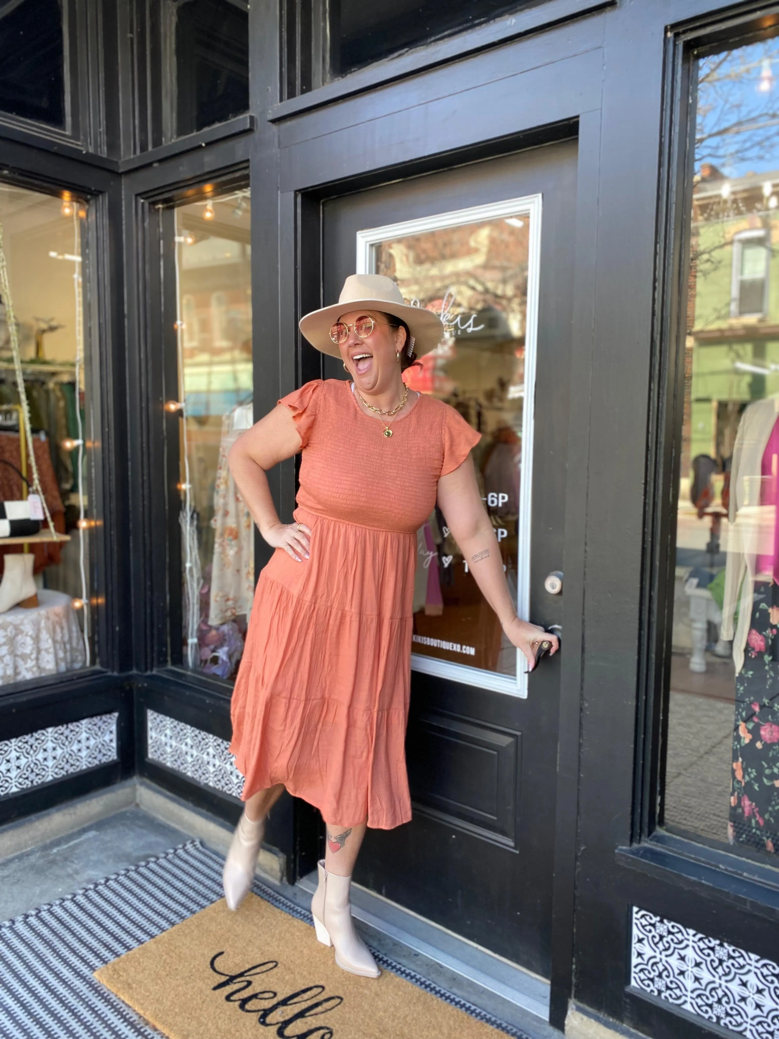 Curvy/ Plus Apricot Flutter Sleeve Smocked Tiered Midi Dress