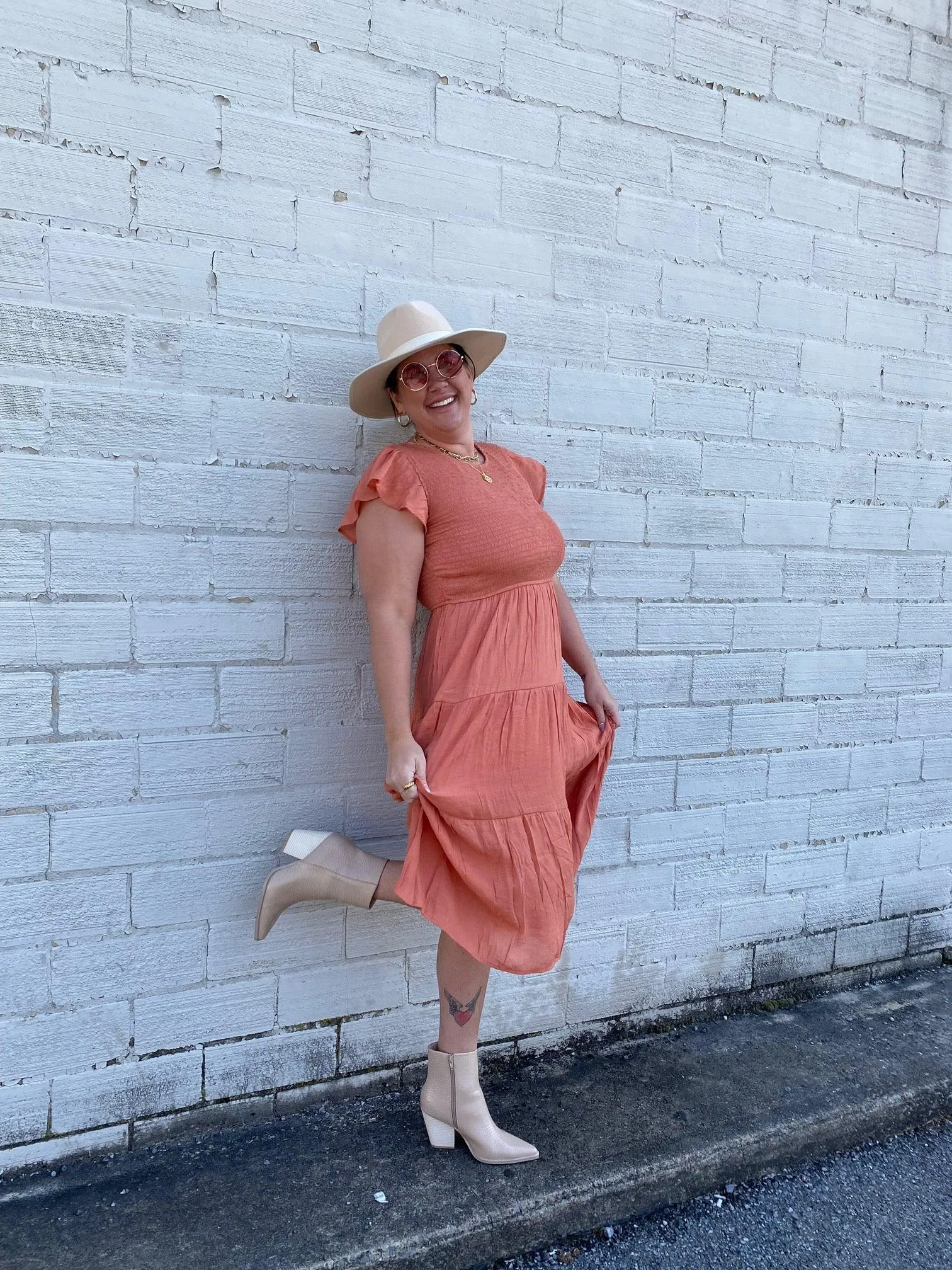 Curvy/ Plus Apricot Flutter Sleeve Smocked Tiered Midi Dress