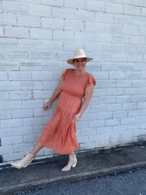 Curvy/ Plus Apricot Flutter Sleeve Smocked Tiered Midi Dress