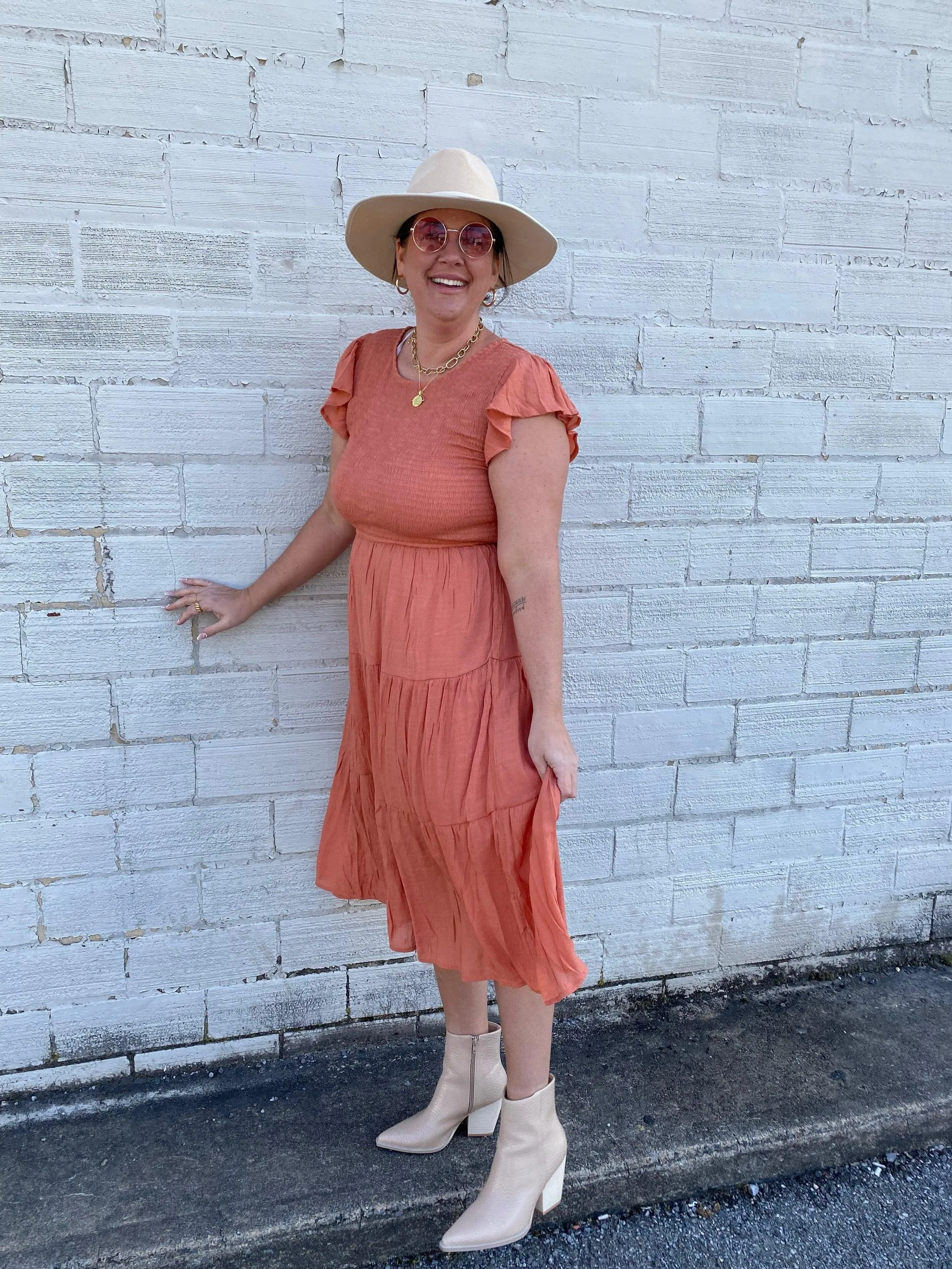 Curvy/ Plus Apricot Flutter Sleeve Smocked Tiered Midi Dress
