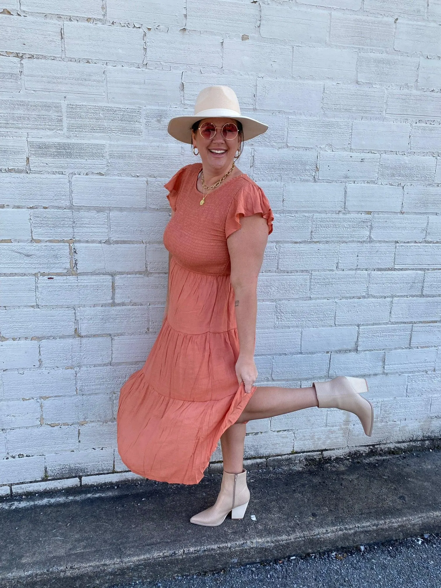 Curvy/ Plus Apricot Flutter Sleeve Smocked Tiered Midi Dress