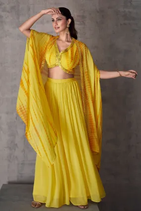 Diksha Singh Glamorous Yellow Color Georgette Readymade Indo Western Palazzo With Shrug