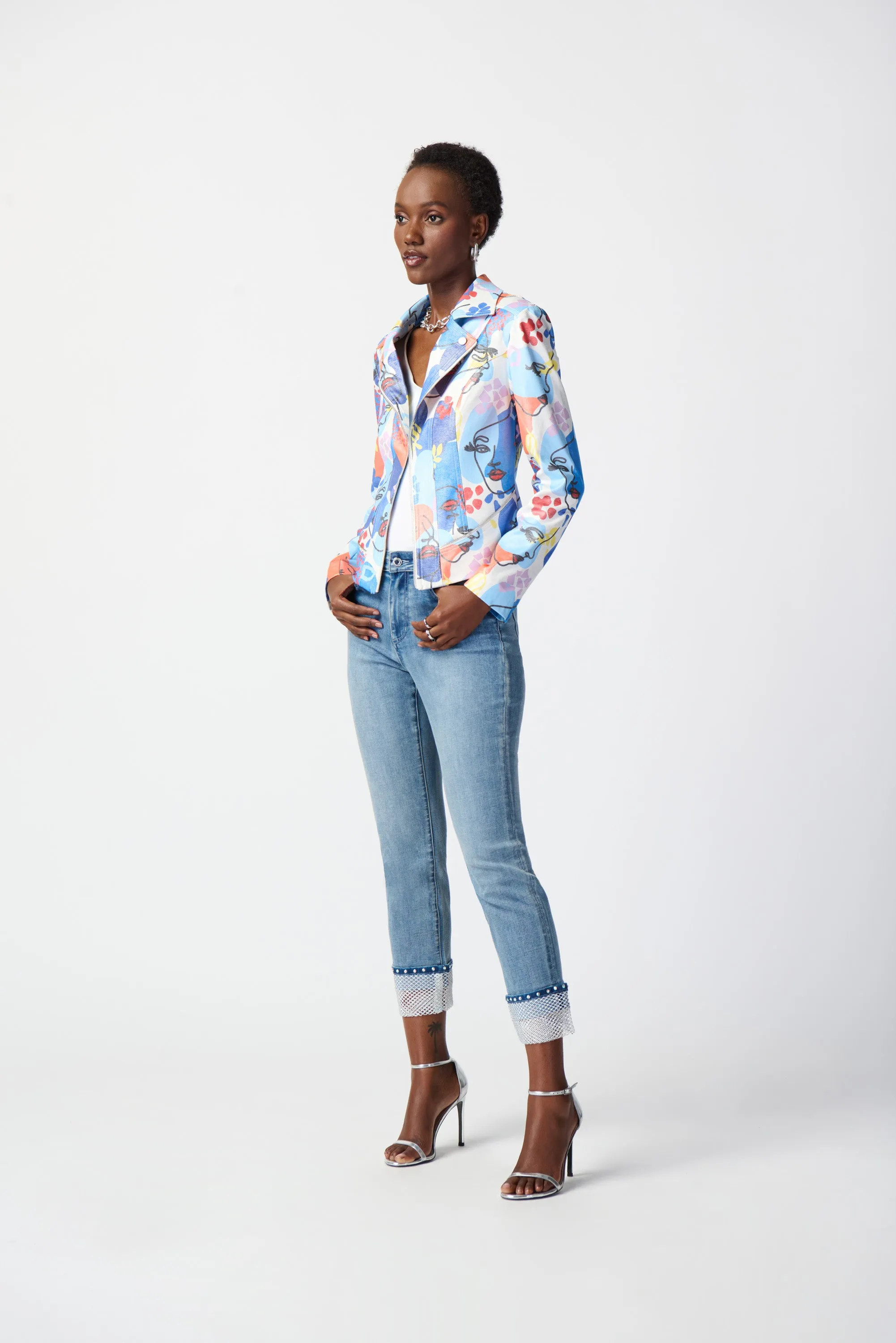 Face Print Faux Suede Moto Jacket