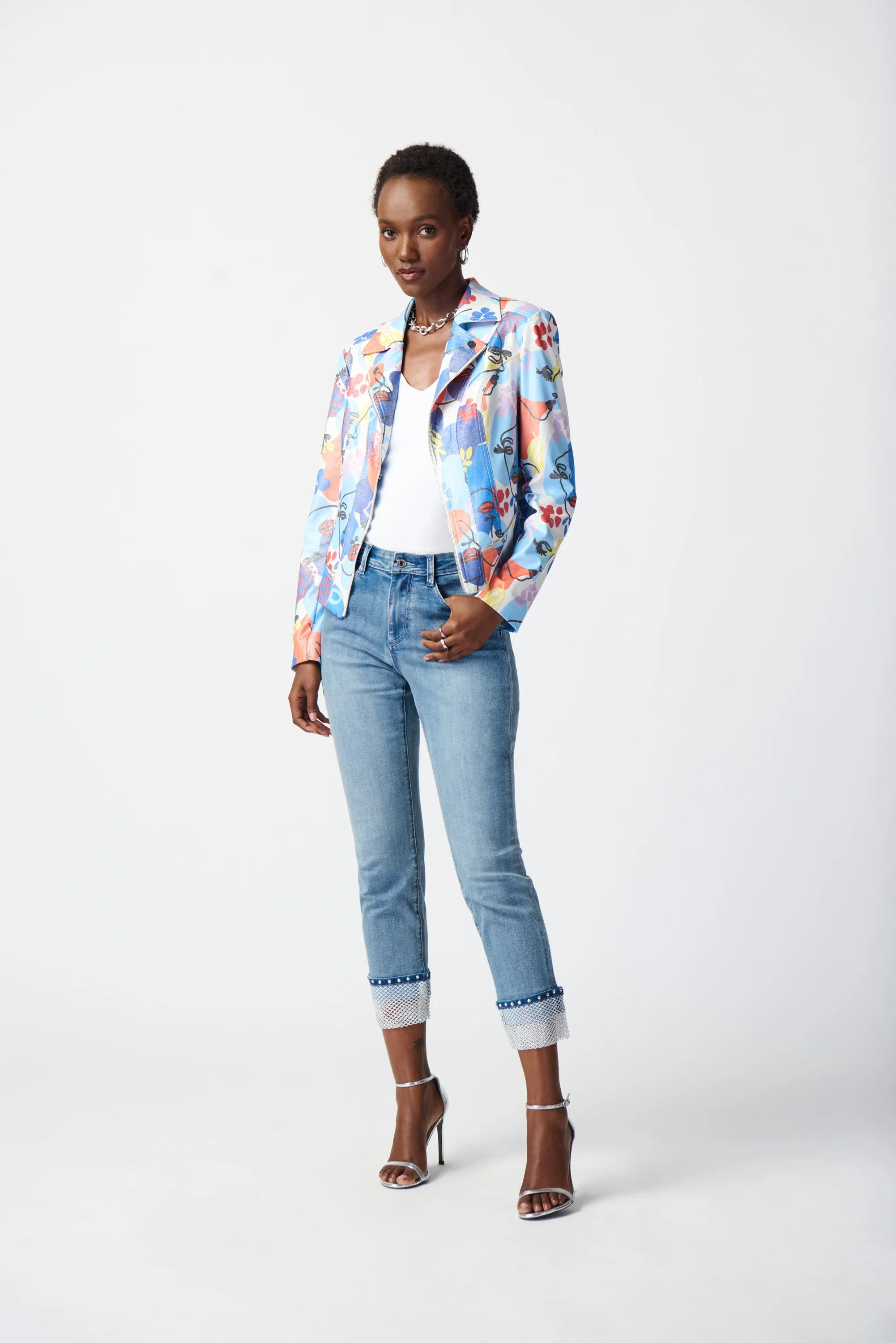 Face Print Faux Suede Moto Jacket
