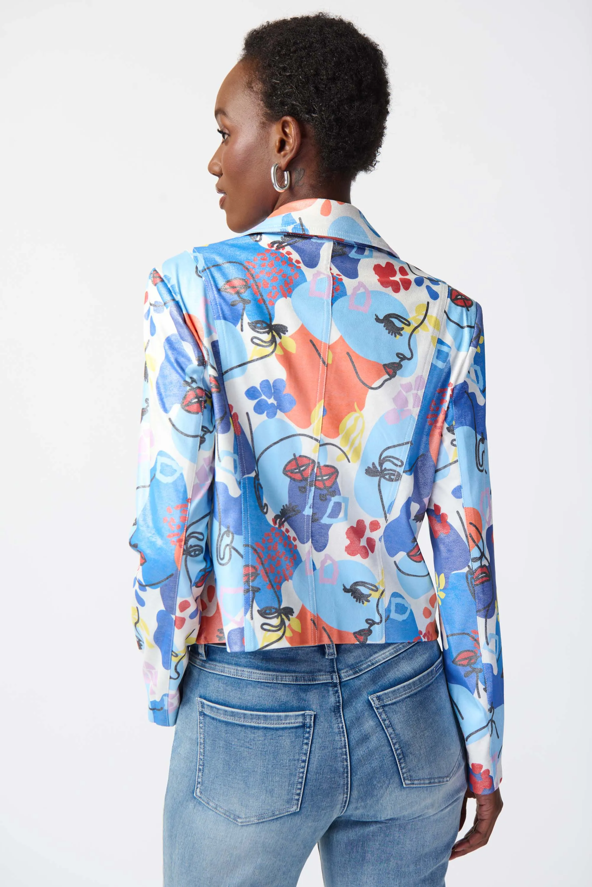 Face Print Faux Suede Moto Jacket