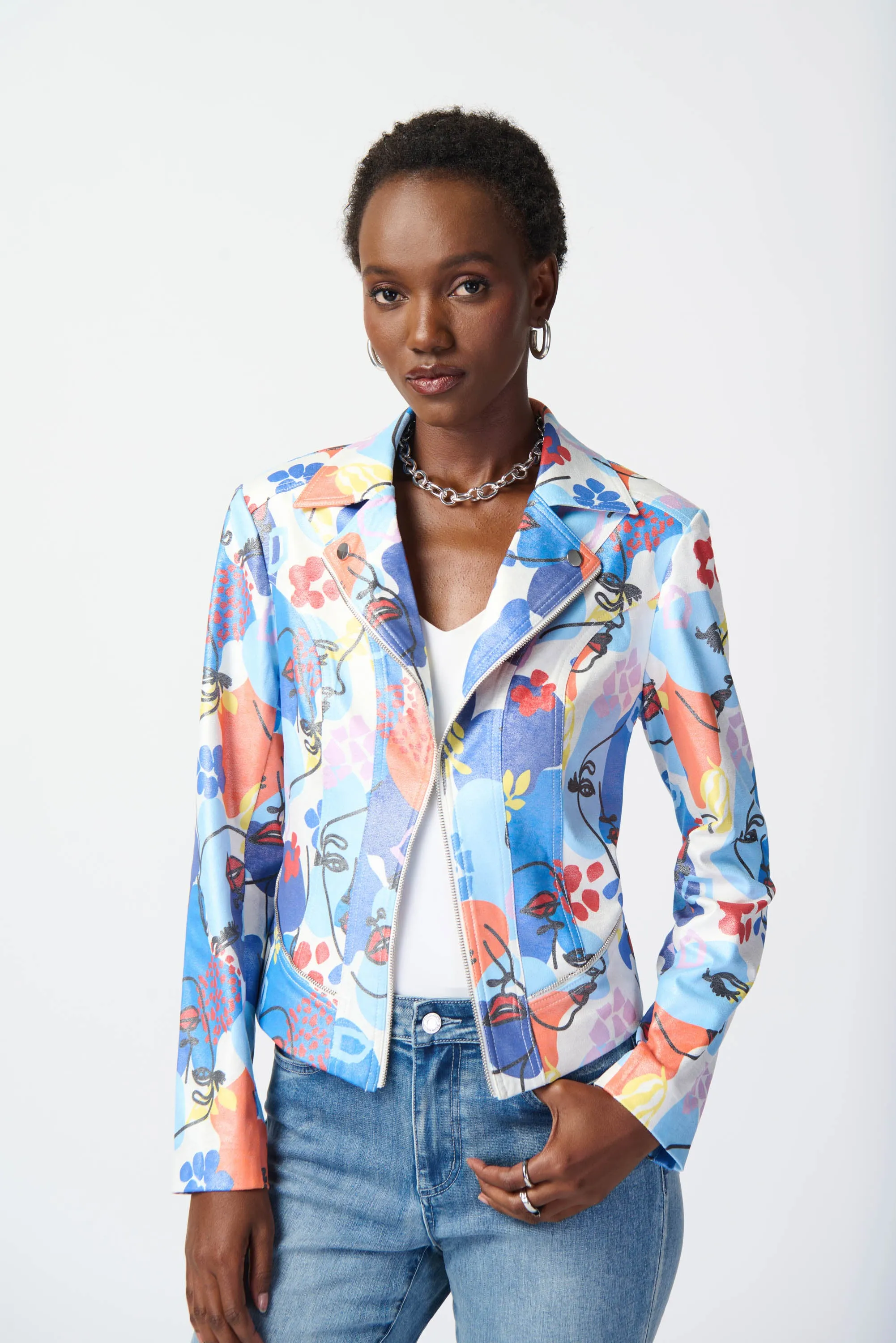 Face Print Faux Suede Moto Jacket