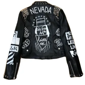 Fashion Rivet beading leather jacket Locomotive graffiti cartoon character pu Leather Jacket female Punk Motorcylce Jackets F2369