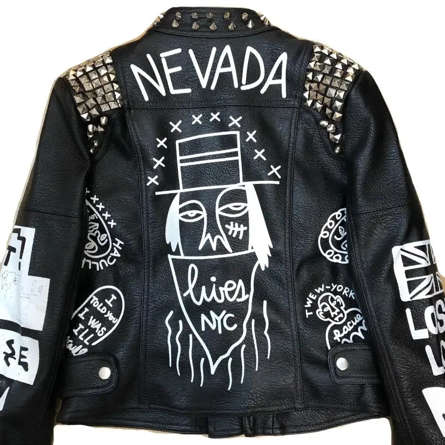 Fashion Rivet beading leather jacket Locomotive graffiti cartoon character pu Leather Jacket female Punk Motorcylce Jackets F2369