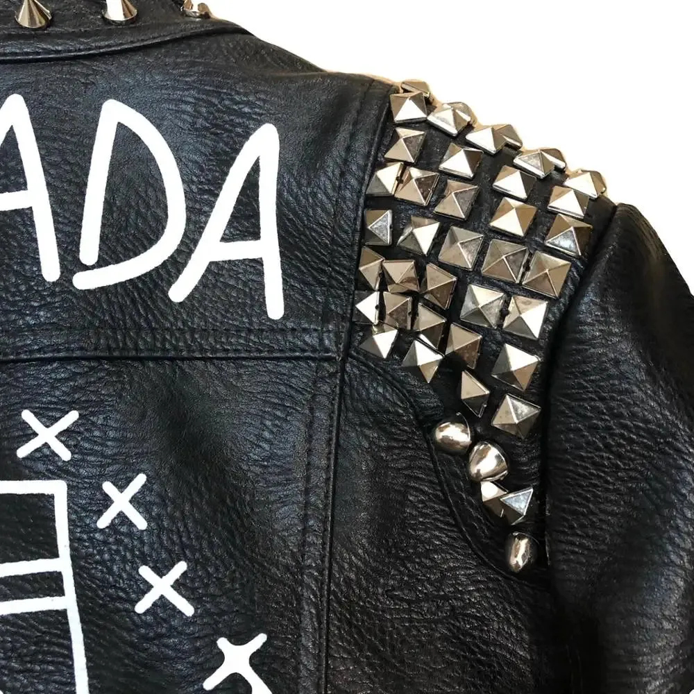 Fashion Rivet beading leather jacket Locomotive graffiti cartoon character pu Leather Jacket female Punk Motorcylce Jackets F2369