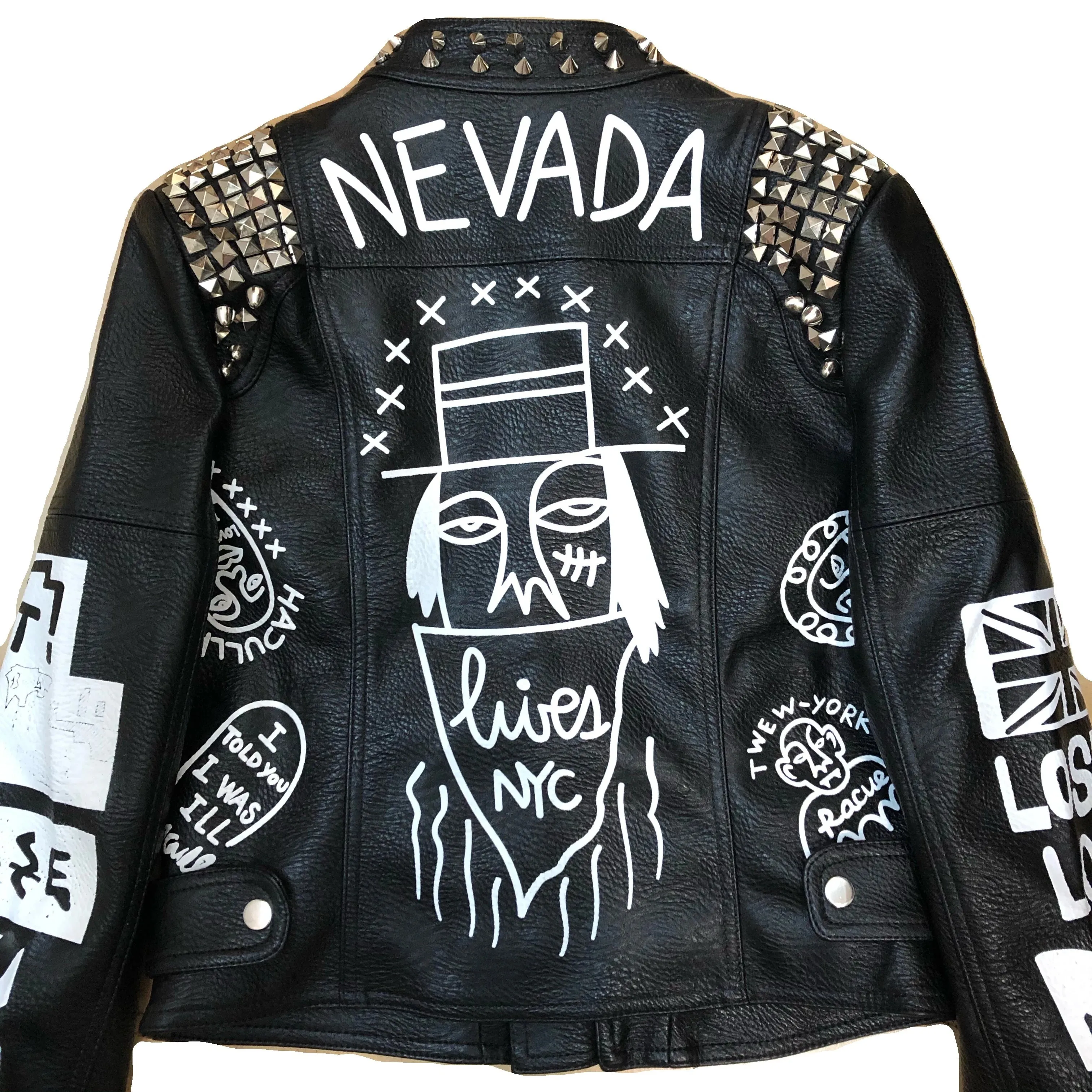 Fashion Rivet beading leather jacket Locomotive graffiti cartoon character pu Leather Jacket female Punk Motorcylce Jackets F2369