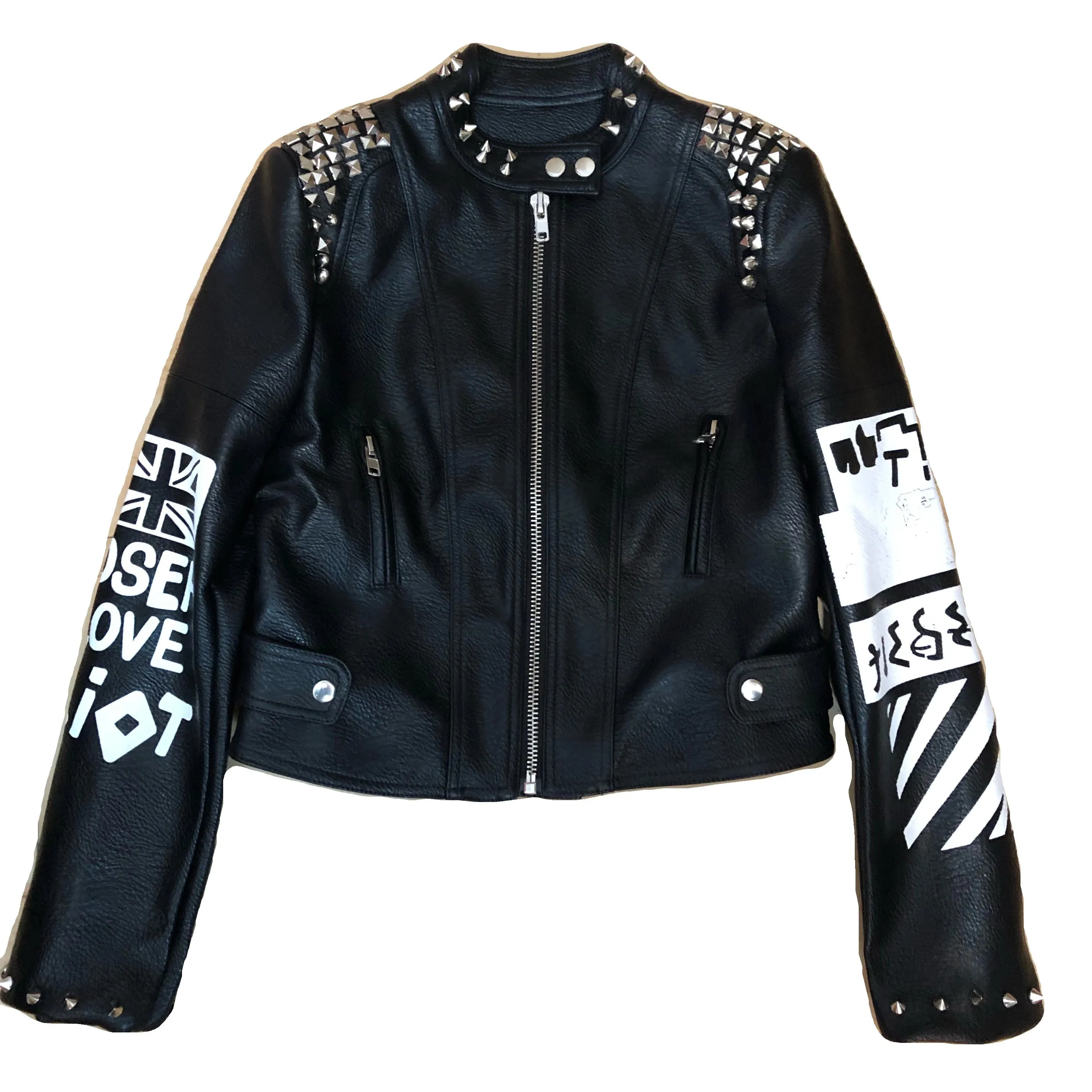 Fashion Rivet beading leather jacket Locomotive graffiti cartoon character pu Leather Jacket female Punk Motorcylce Jackets F2369