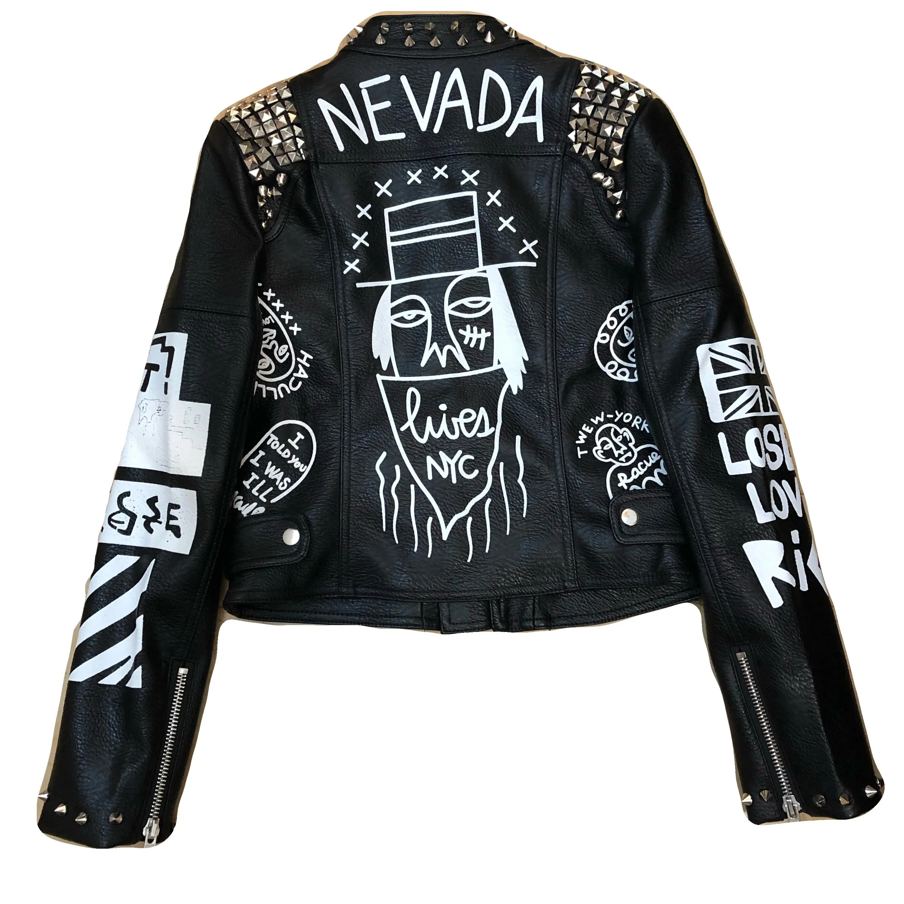 Fashion Rivet beading leather jacket Locomotive graffiti cartoon character pu Leather Jacket female Punk Motorcylce Jackets F2369