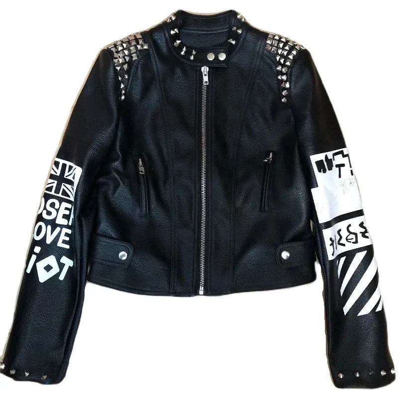 Fashion Rivet beading leather jacket Locomotive graffiti cartoon character pu Leather Jacket female Punk Motorcylce Jackets F2369