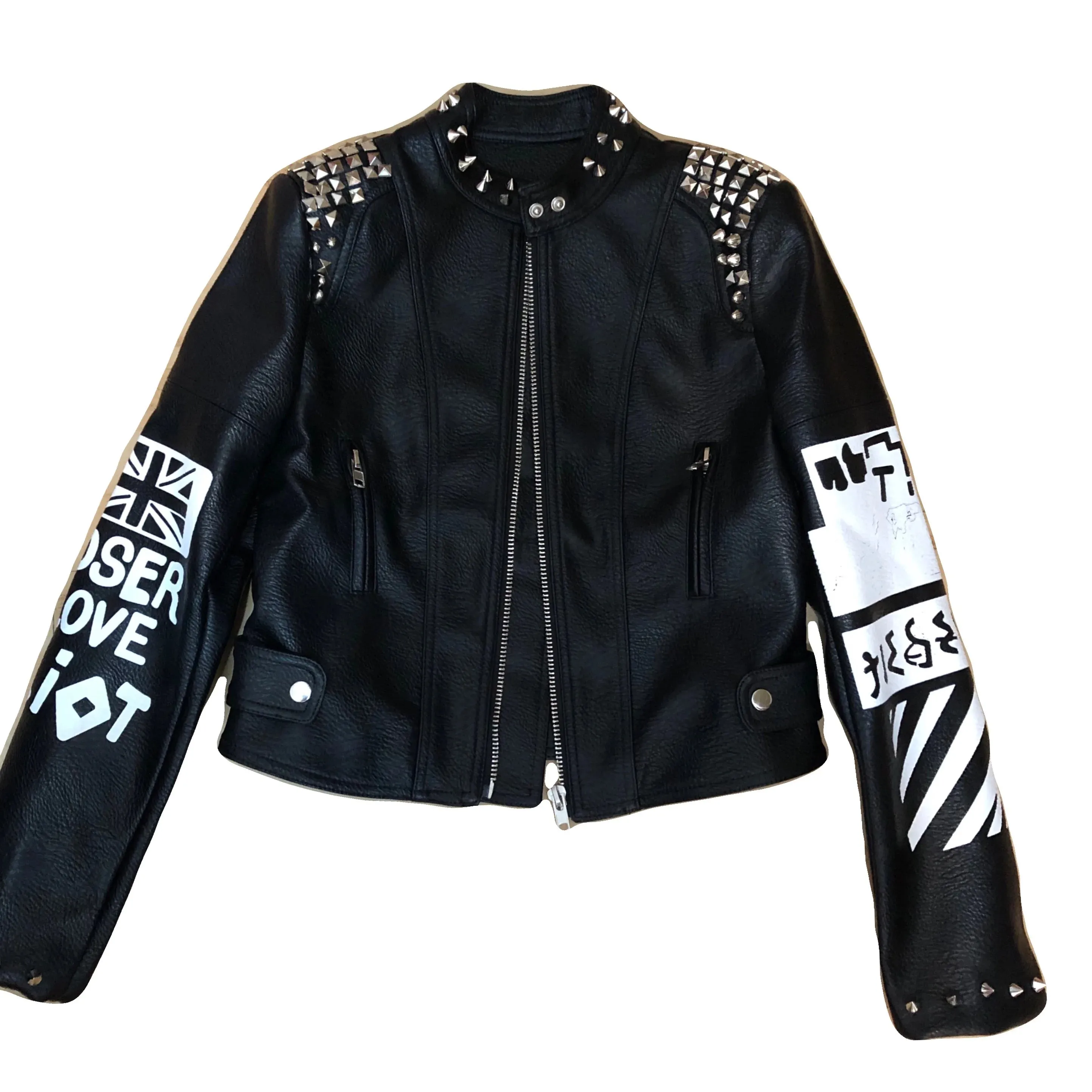 Fashion Rivet beading leather jacket Locomotive graffiti cartoon character pu Leather Jacket female Punk Motorcylce Jackets F2369