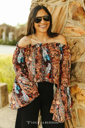 Feather Tooled Chiffon Off The Shoulder Top