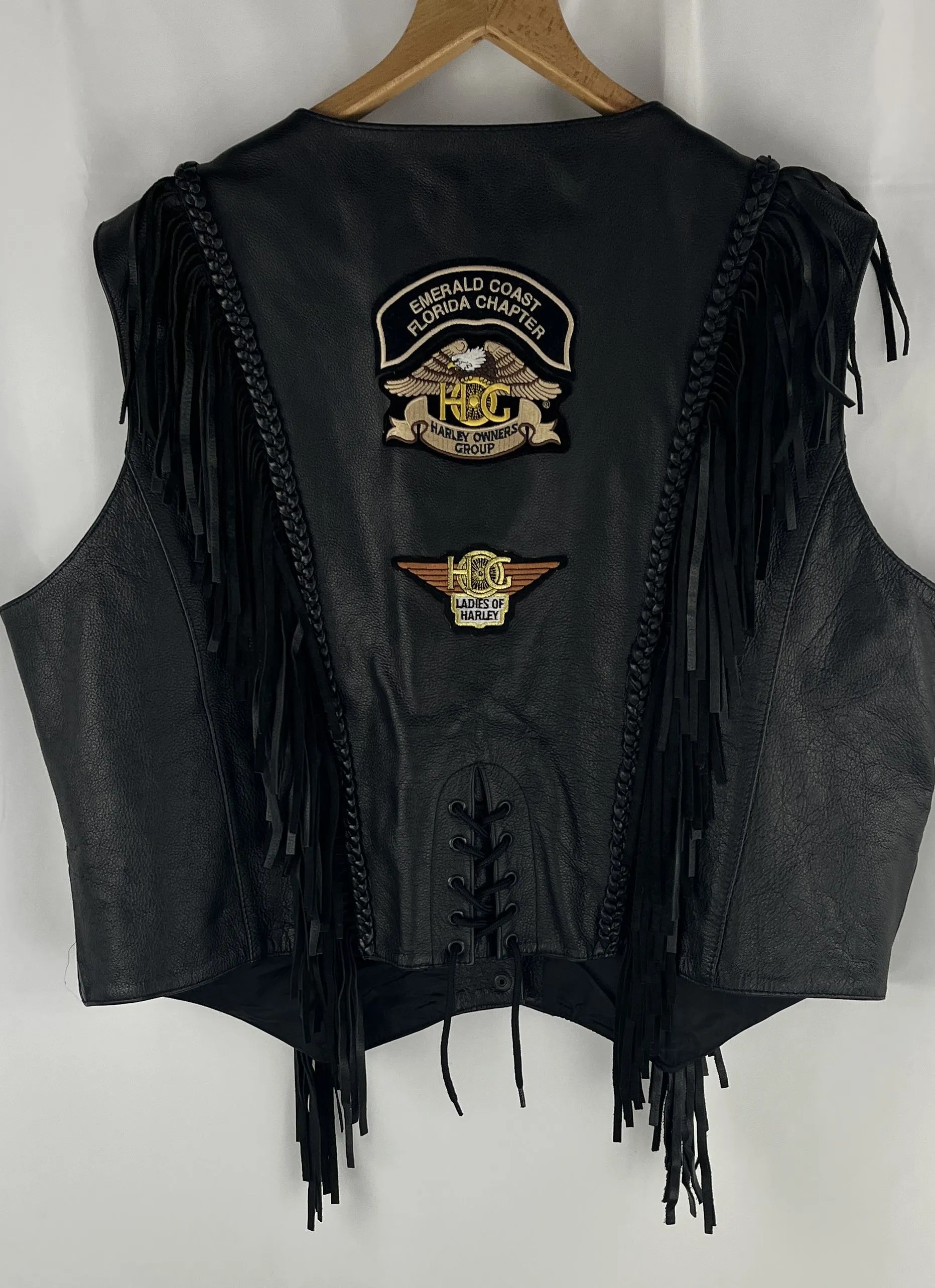 First Manufacturing Company Women's Black Leather Vest Braided Fringe Size 5 XL