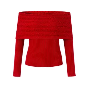 Fringed Twisted Flower One-Shoulder Knit Red