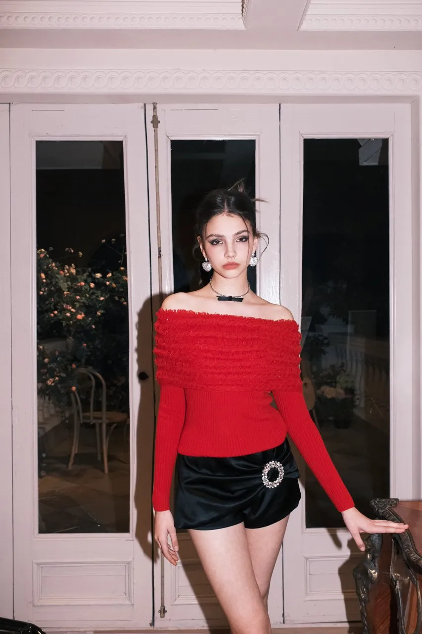 Fringed Twisted Flower One-Shoulder Knit Red