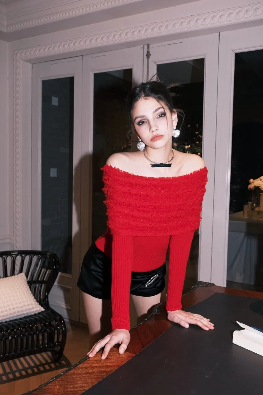 Fringed Twisted Flower One-Shoulder Knit Red