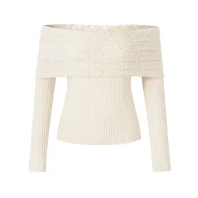 Fringed Twisted Flower One-Shoulder Knit White