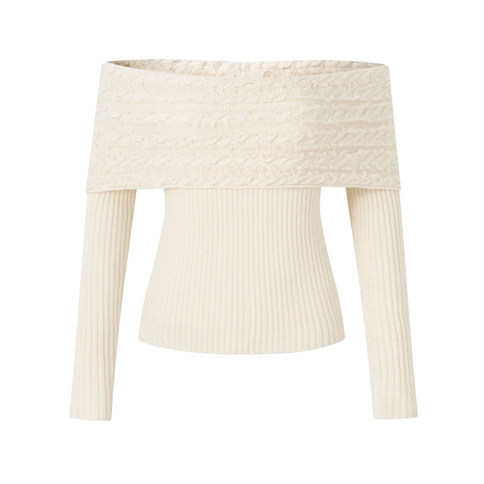 Fringed Twisted Flower One-Shoulder Knit White