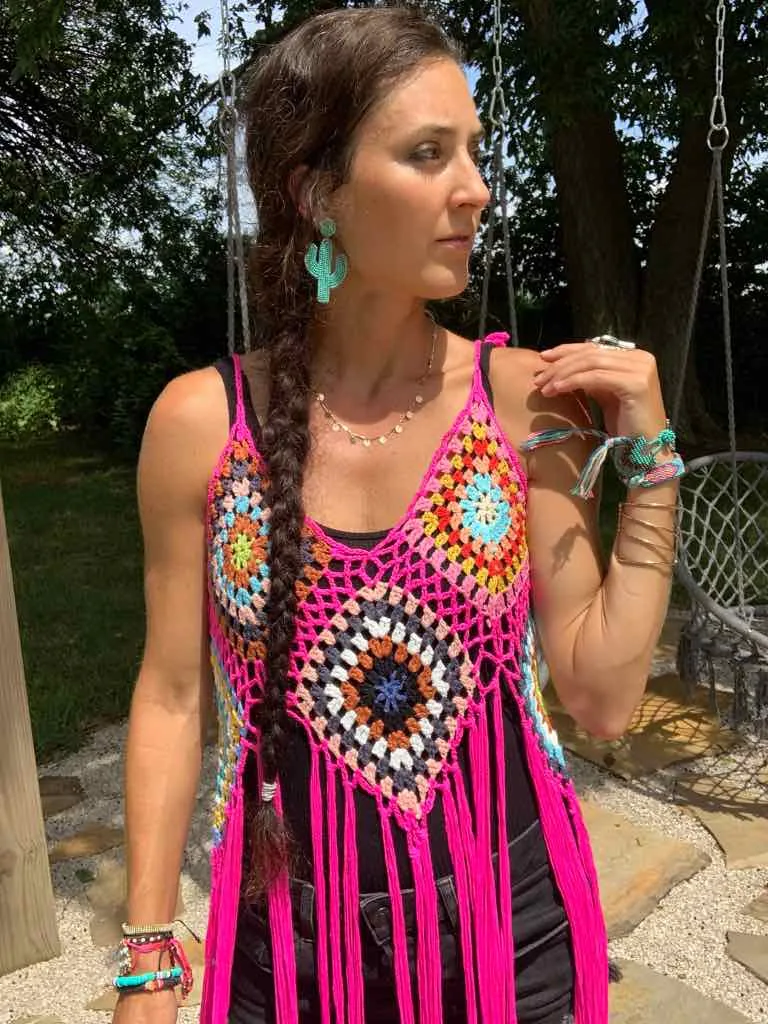 Fuchsia Hippie Crochet Fringe Duster