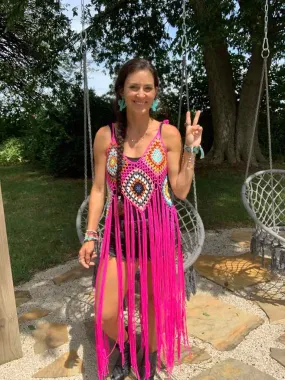 Fuchsia Hippie Crochet Fringe Duster