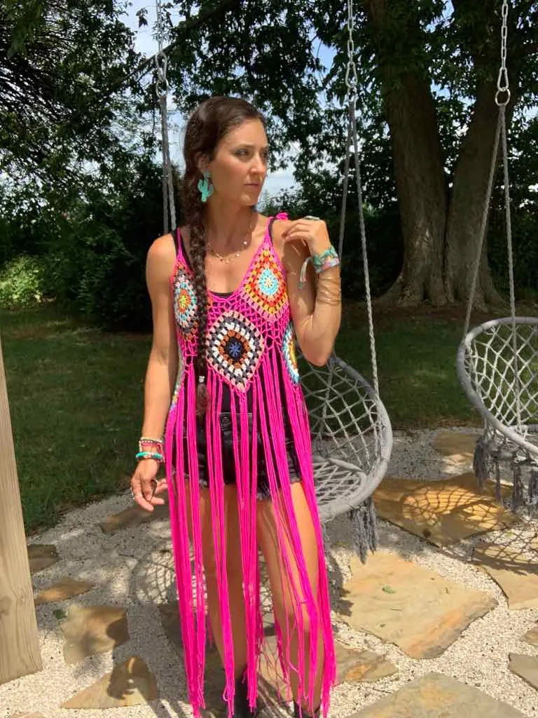 Fuchsia Hippie Crochet Fringe Duster