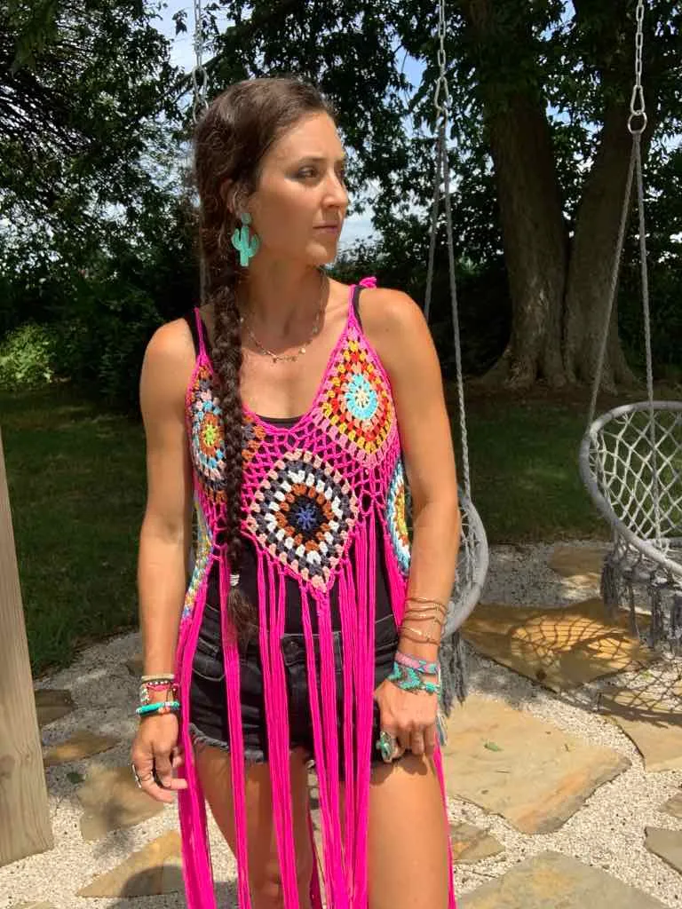 Fuchsia Hippie Crochet Fringe Duster