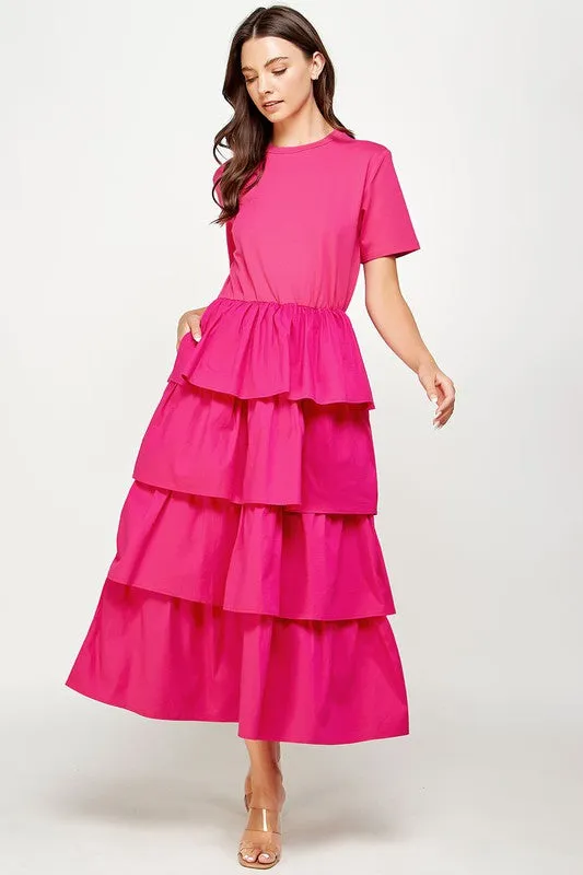 Fuchsia Knit Dress with Poplin Tiered Skirt