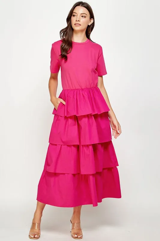 Fuchsia Knit Dress with Poplin Tiered Skirt