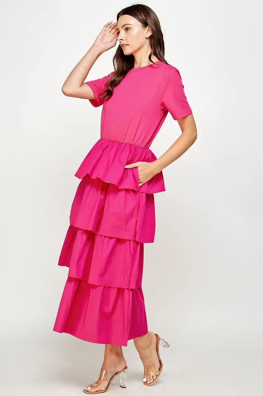 Fuchsia Knit Dress with Poplin Tiered Skirt