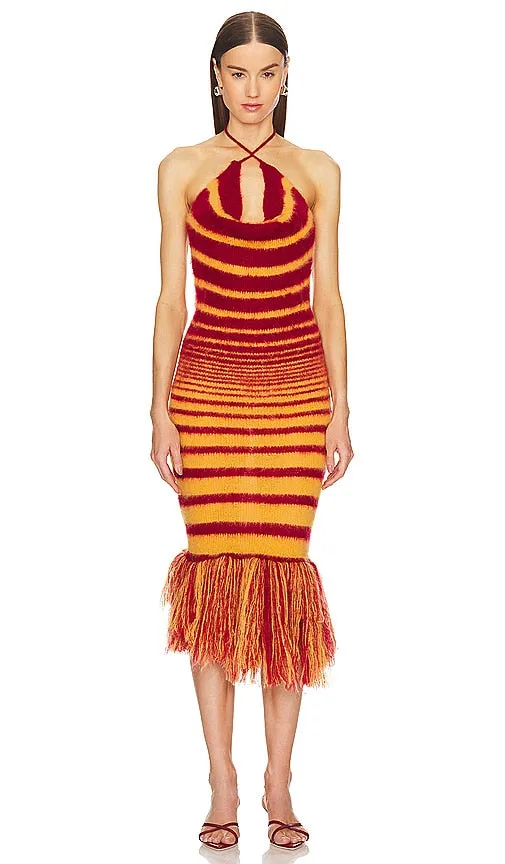 George Trochopoulos Halter Fringe Dress in Red
