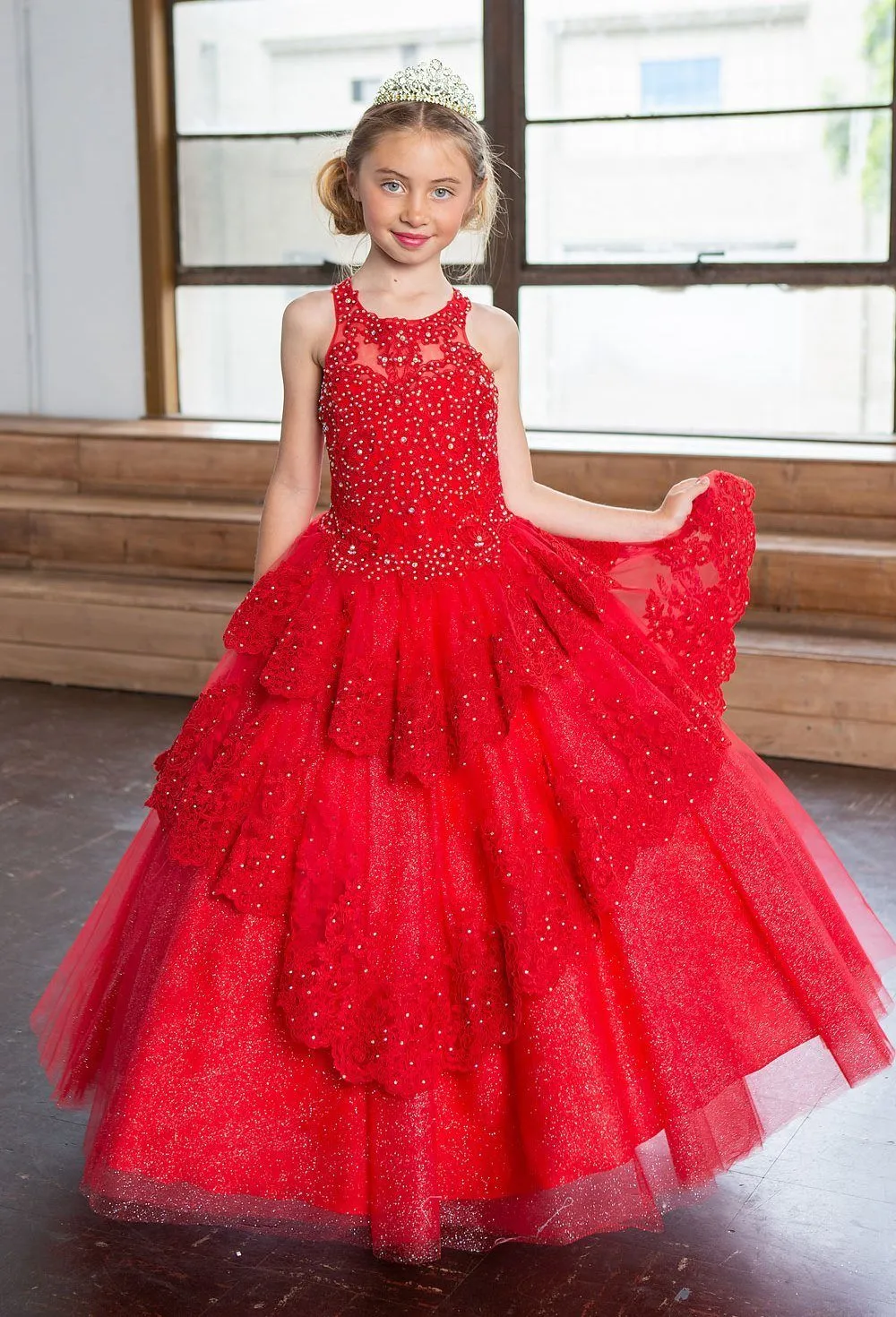 Girls Long Beaded Lace Tiered Dress by Calla KY224