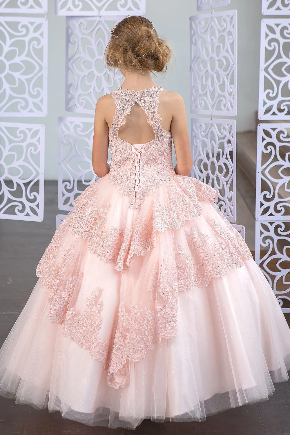 Girls Long Beaded Lace Tiered Dress by Calla KY224