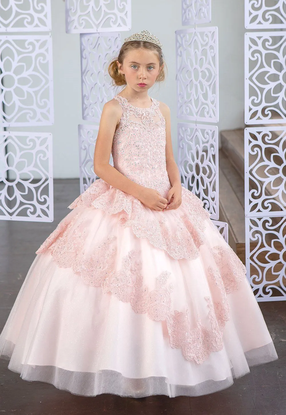 Girls Long Beaded Lace Tiered Dress by Calla KY224