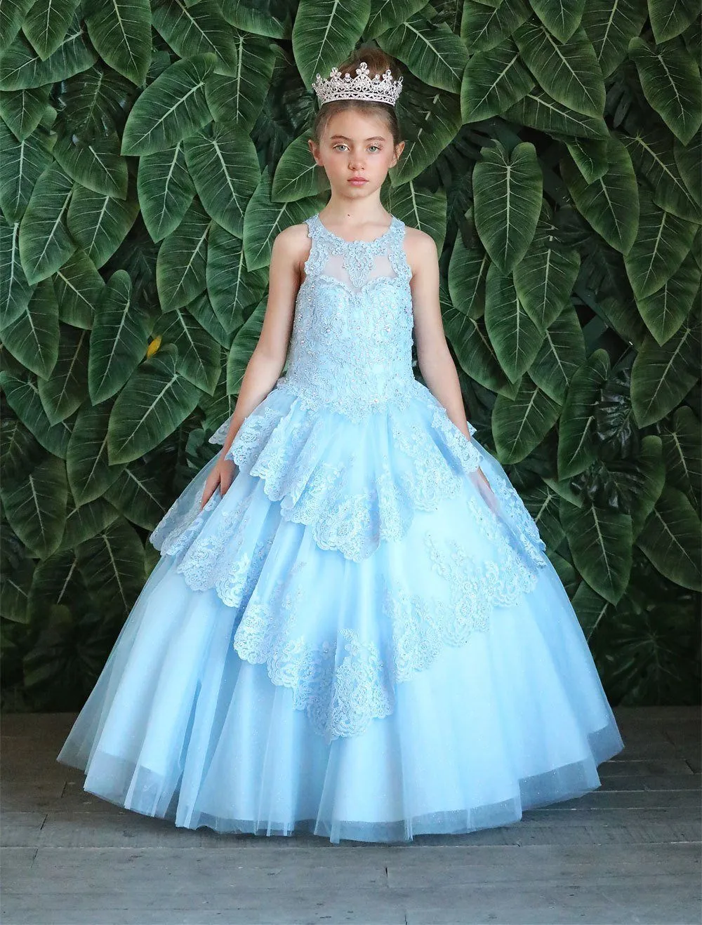 Girls Long Beaded Lace Tiered Dress by Calla KY224