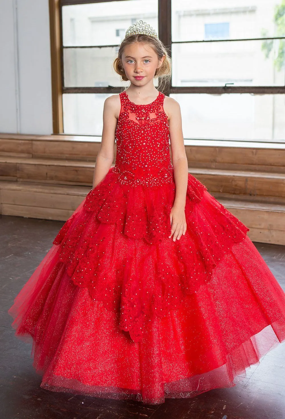 Girls Long Beaded Lace Tiered Dress by Calla KY224