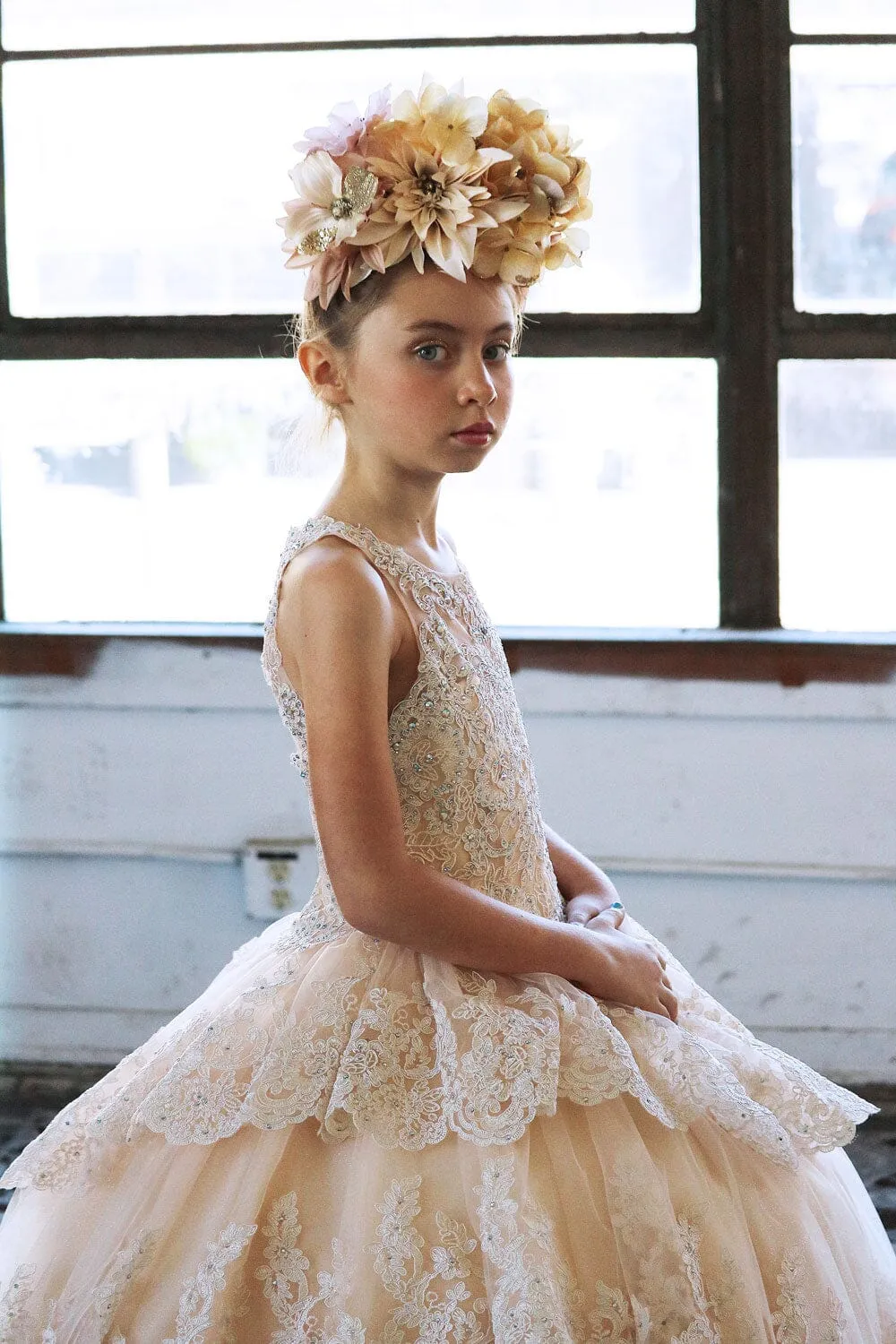 Girls Long Beaded Lace Tiered Dress by Calla KY224
