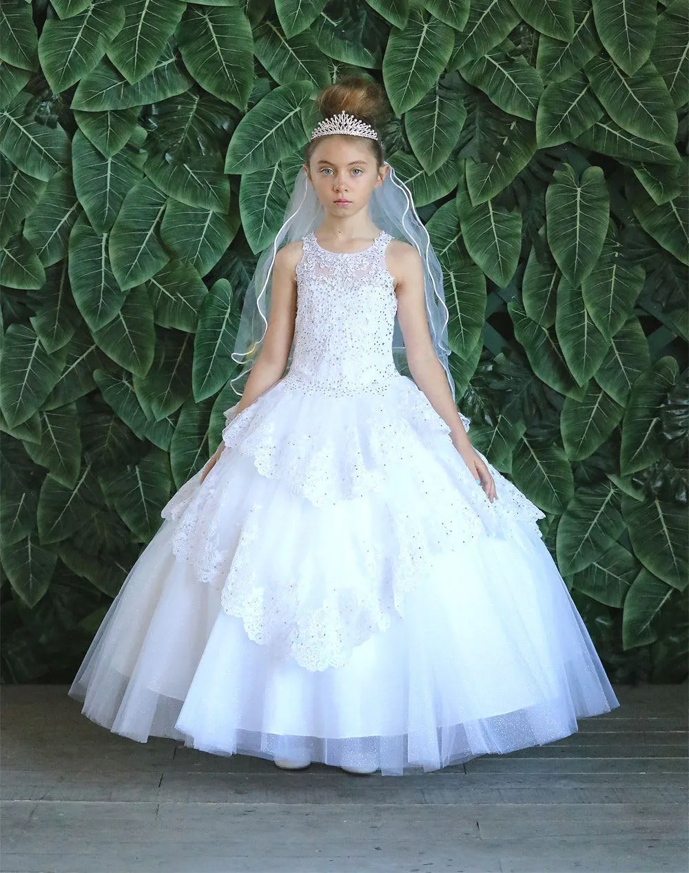Girls Long Beaded Lace Tiered Dress by Calla KY224
