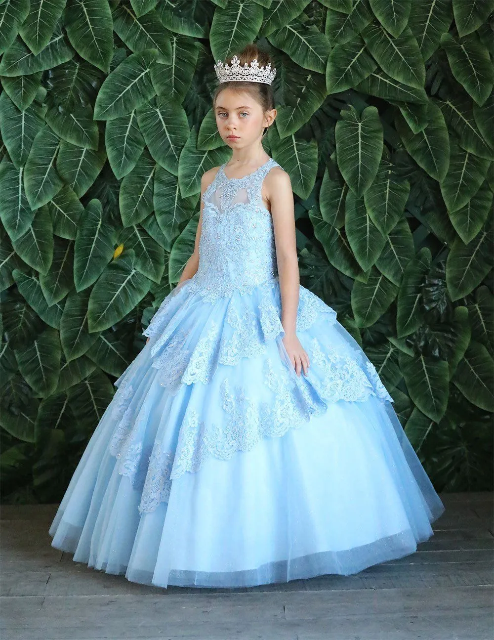 Girls Long Beaded Lace Tiered Dress by Calla KY224