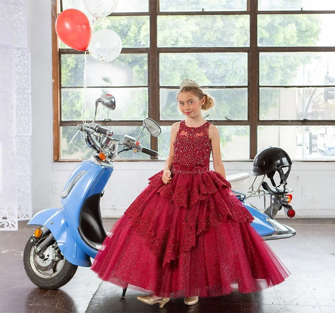 Girls Long Beaded Lace Tiered Dress by Calla KY224