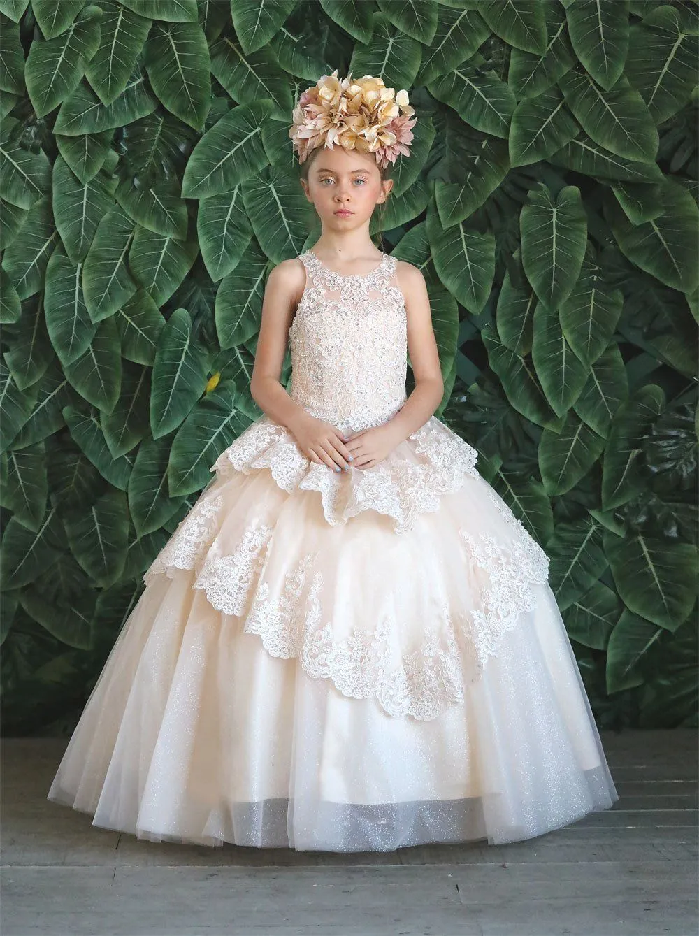 Girls Long Beaded Lace Tiered Dress by Calla KY224