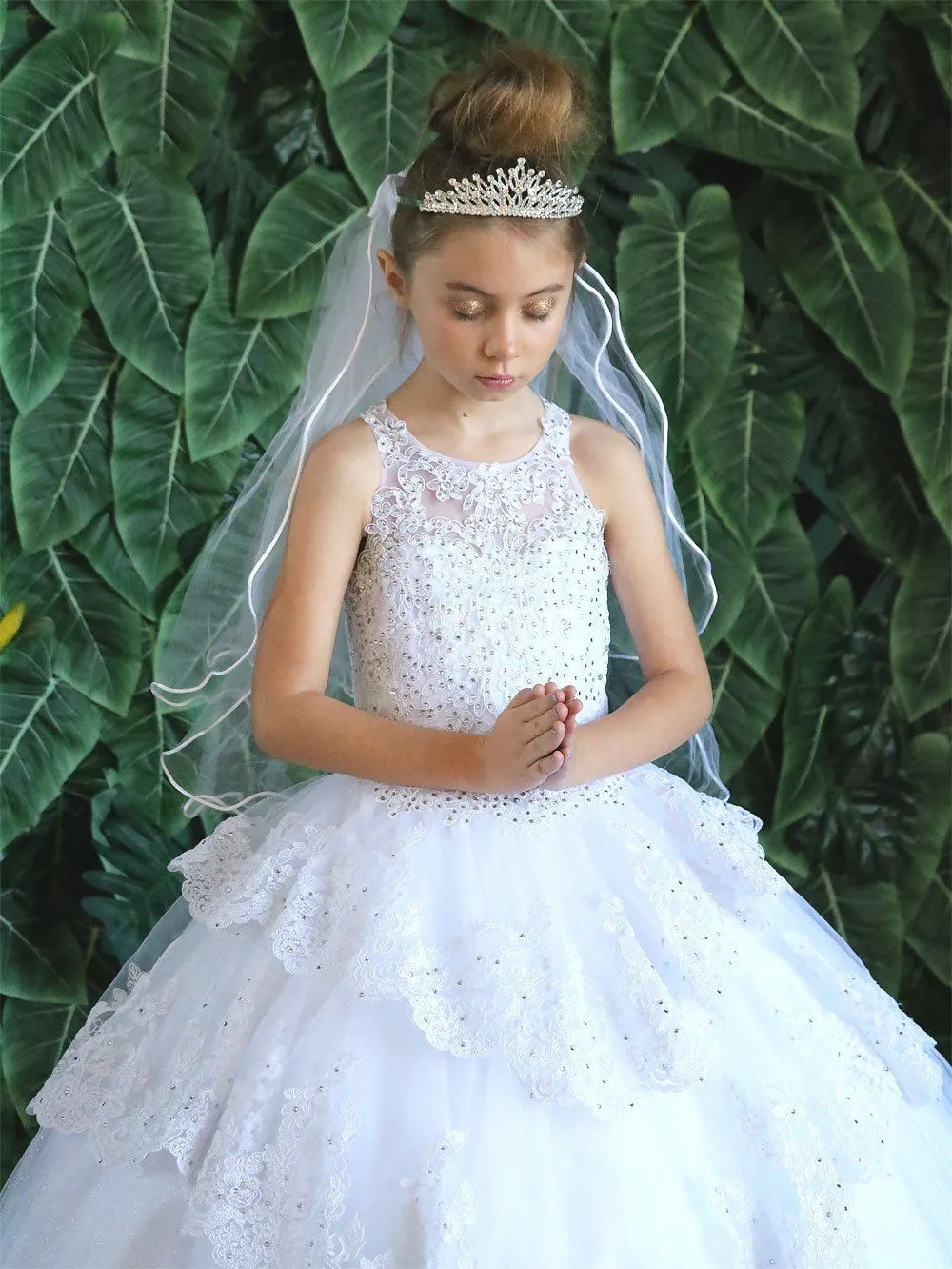 Girls Long Beaded Lace Tiered Dress by Calla KY224