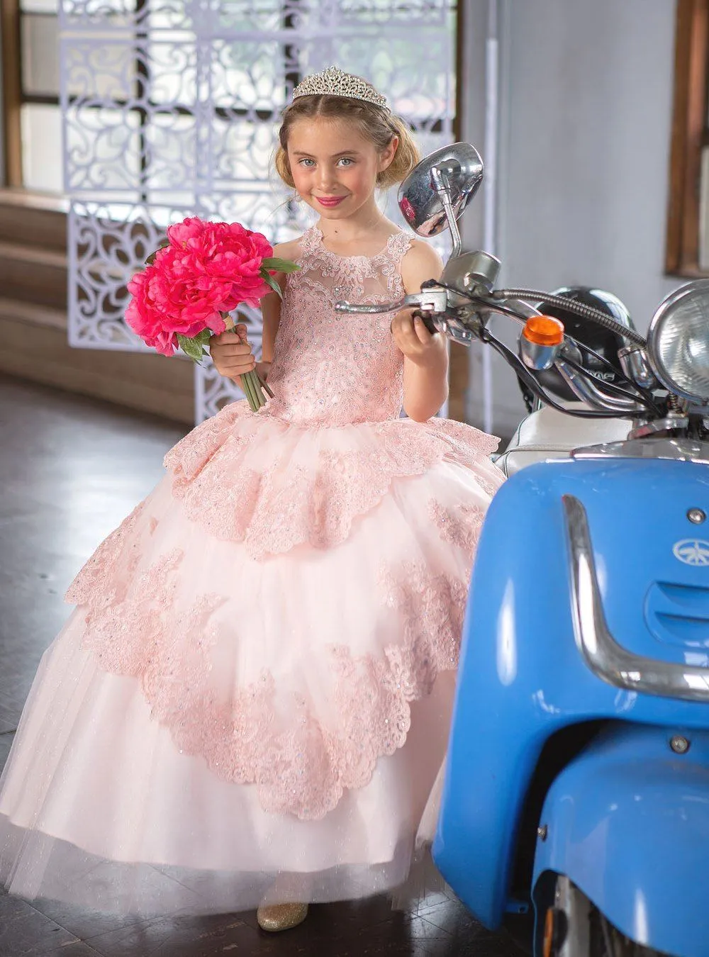 Girls Long Beaded Lace Tiered Dress by Calla KY224