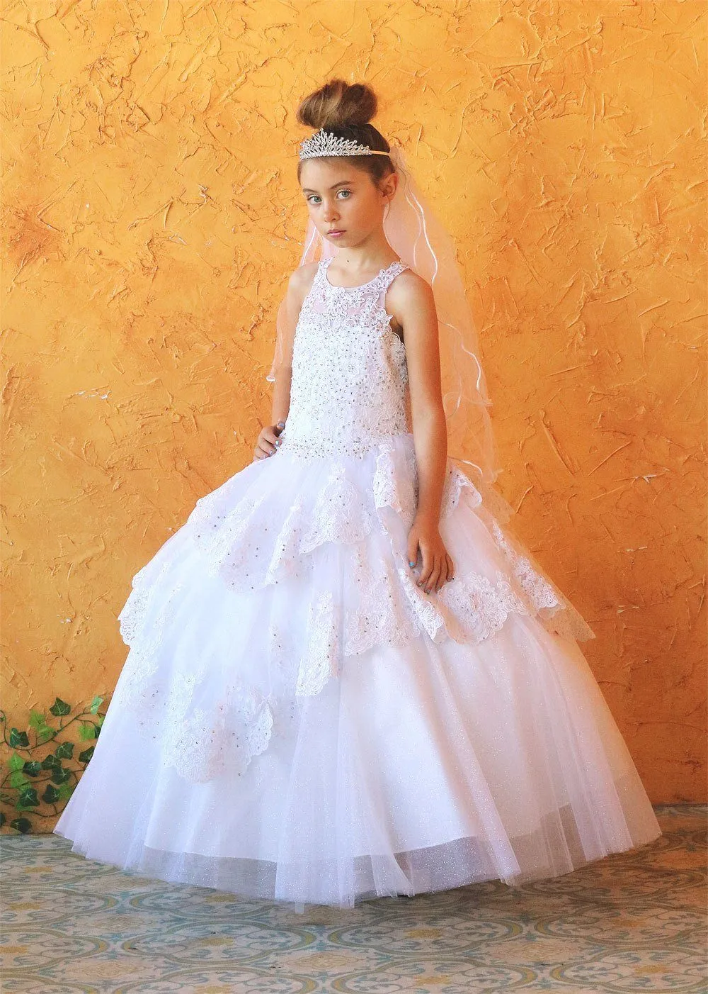 Girls Long Beaded Lace Tiered Dress by Calla KY224