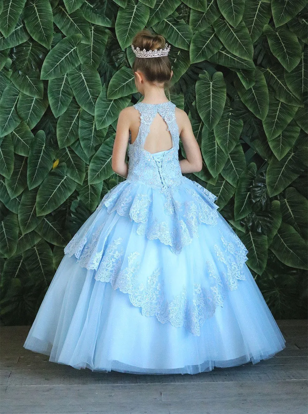 Girls Long Beaded Lace Tiered Dress by Calla KY224