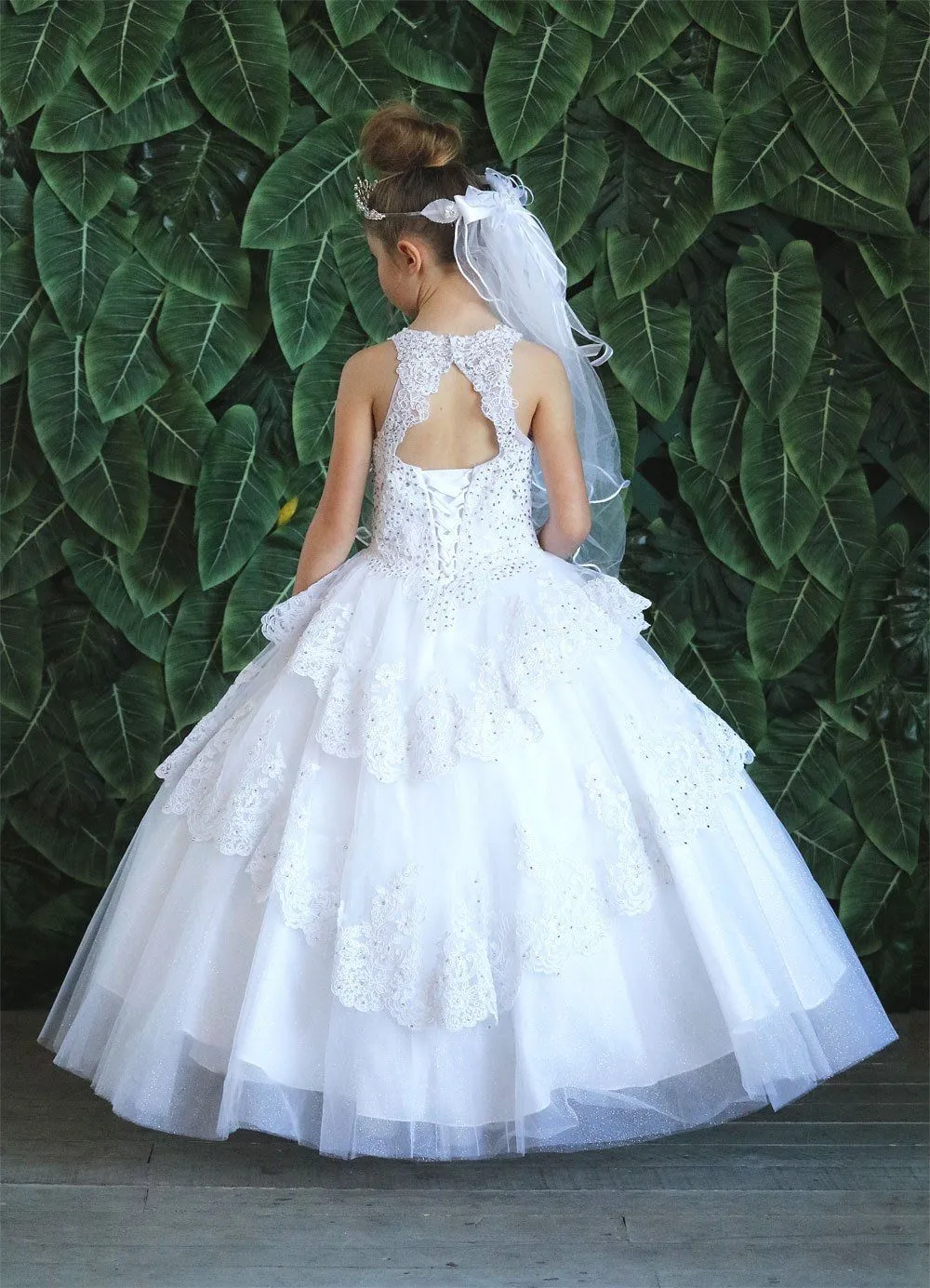 Girls Long Beaded Lace Tiered Dress by Calla KY224