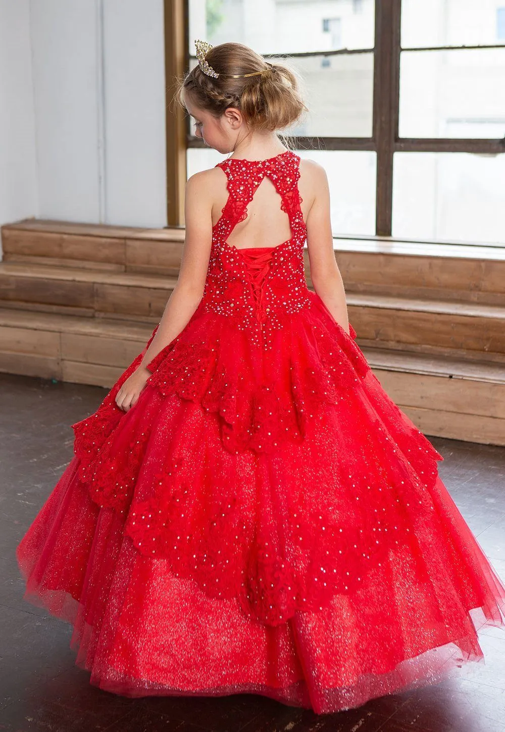Girls Long Beaded Lace Tiered Dress by Calla KY224